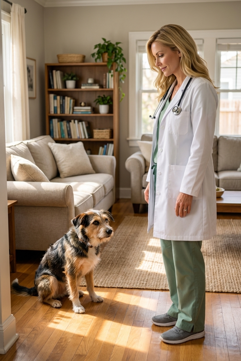 A nervous young mixed breed dog crouching slightly on a living room floor while an owner stands sideways and avoids direct eye contact during a calm greeting, natural indoor photography