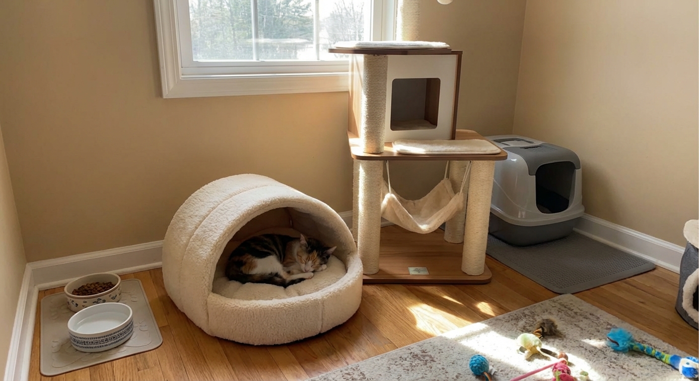 A new cat resting in a small room with a cat tree, covered bed, litter box, and food bowls