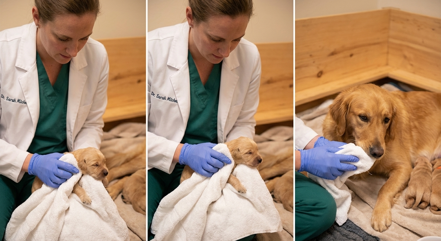 A newborn puppy being gently dried with a clean towel by gloved hands beside a calm mother dog in a whelping area, realistic photography