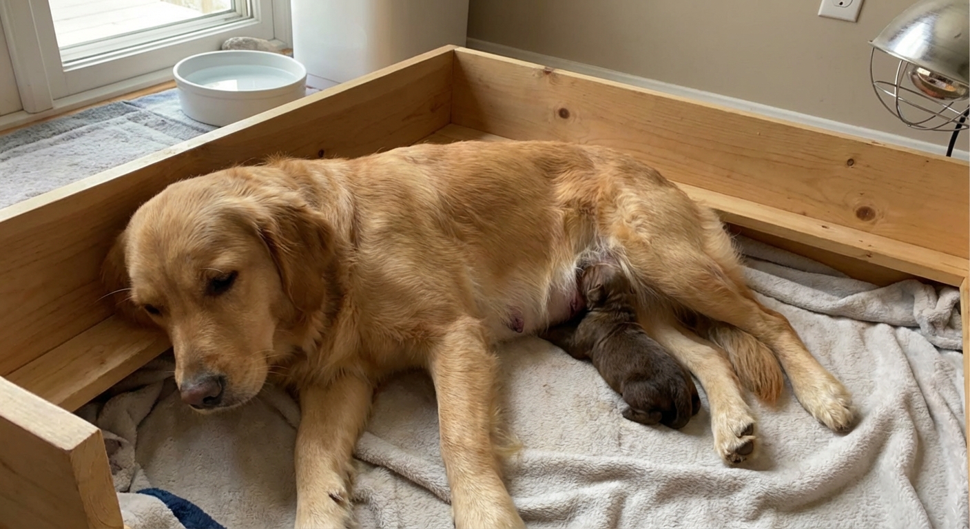 A newborn puppy nursing while its mother lies calmly on her side in a whelping box