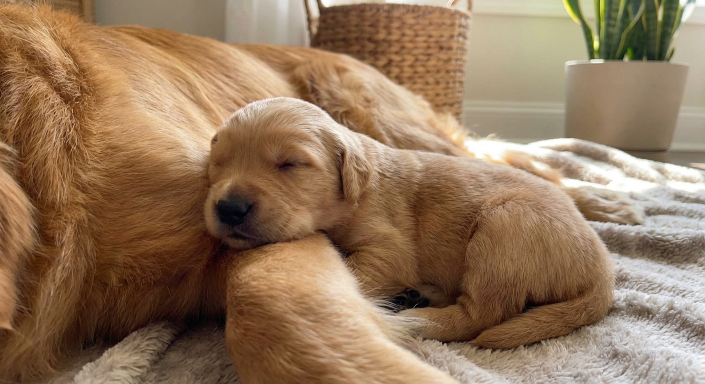 A newborn puppy sleeping while cuddled next to its mother