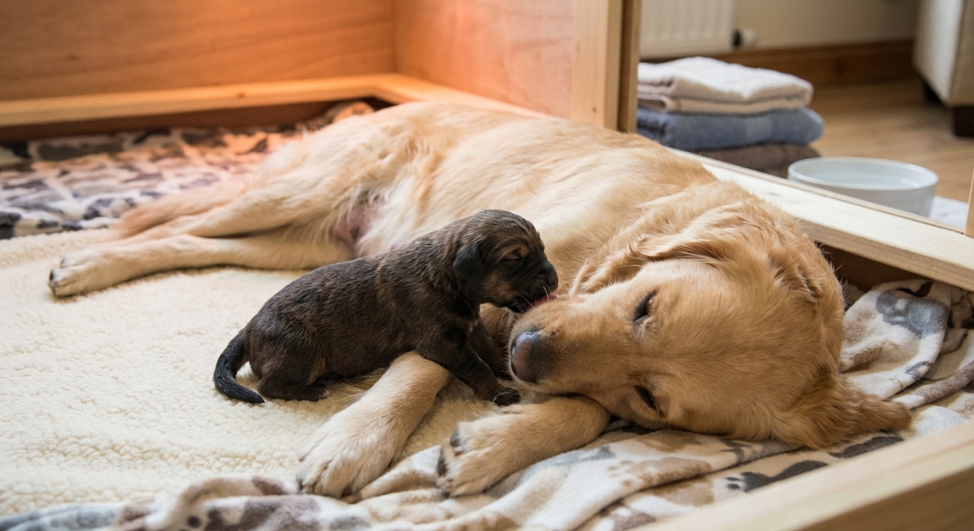 A newborn puppy with eyes closed nursing from its mother on clean bedding in a quiet home whelping area, real-life photography style