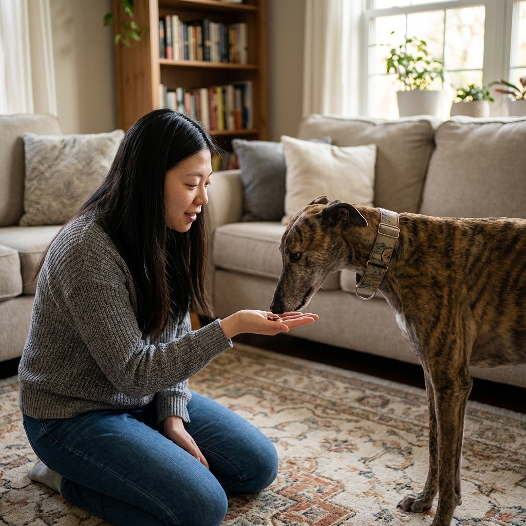 A newly adopted greyhound standing calmly in a family living room while an adult offers a treat with an open palm, realistic photography