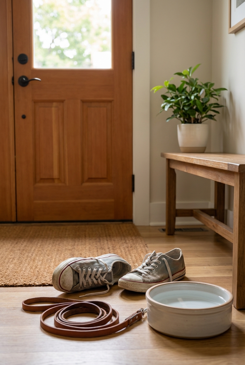 A pair of shoes by a front door next to a leash and dog bowl