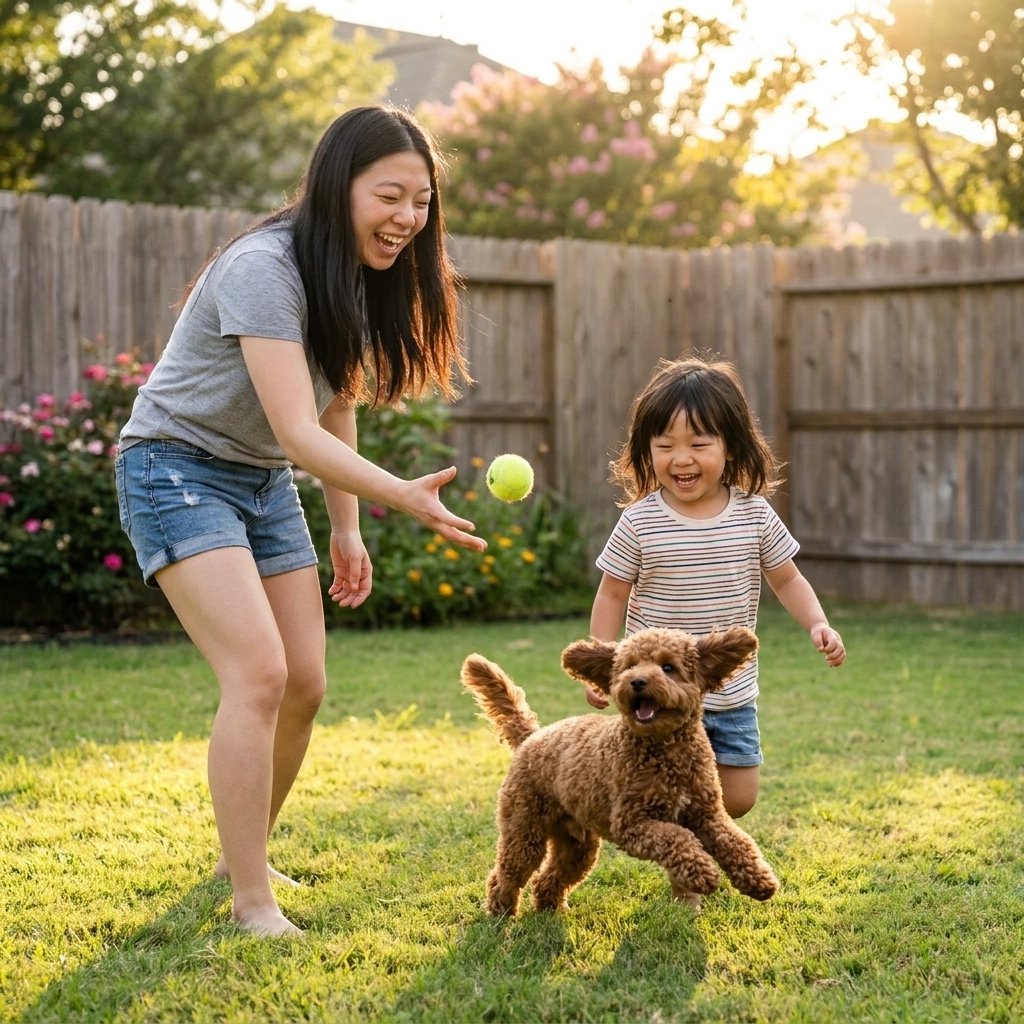 A parent and child gently playing fetch with a small curly-coated dog in a sunny backyard, candid lifestyle photo