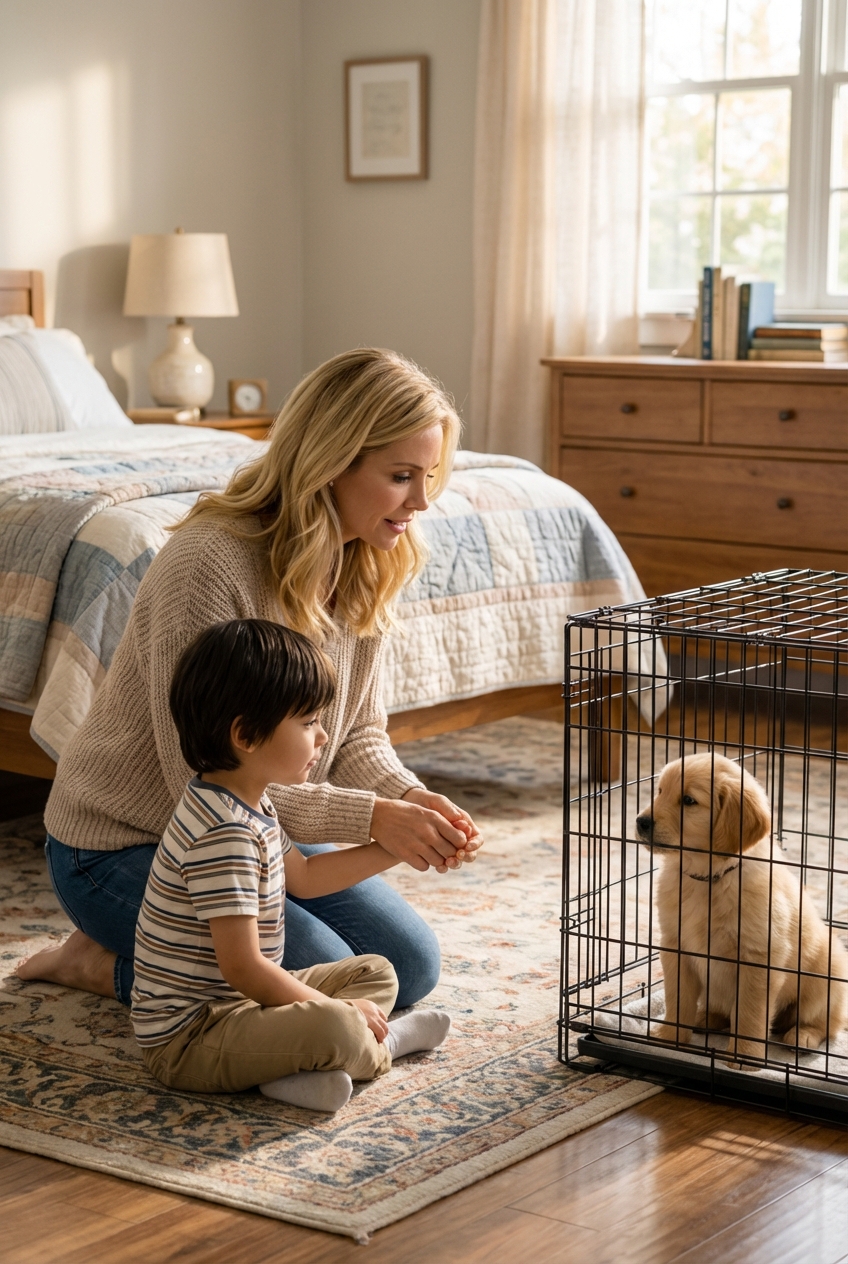 A parent gently guiding a child to sit quietly beside a puppy crate in a bedroom