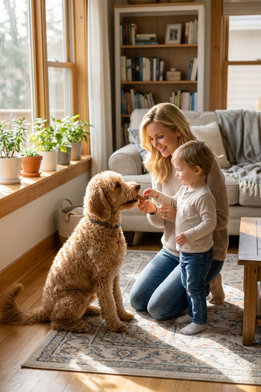 A parent helping a child offer a treat to a large doodle-type dog in a bright living room during a calm training moment, photorealistic lifestyle photography