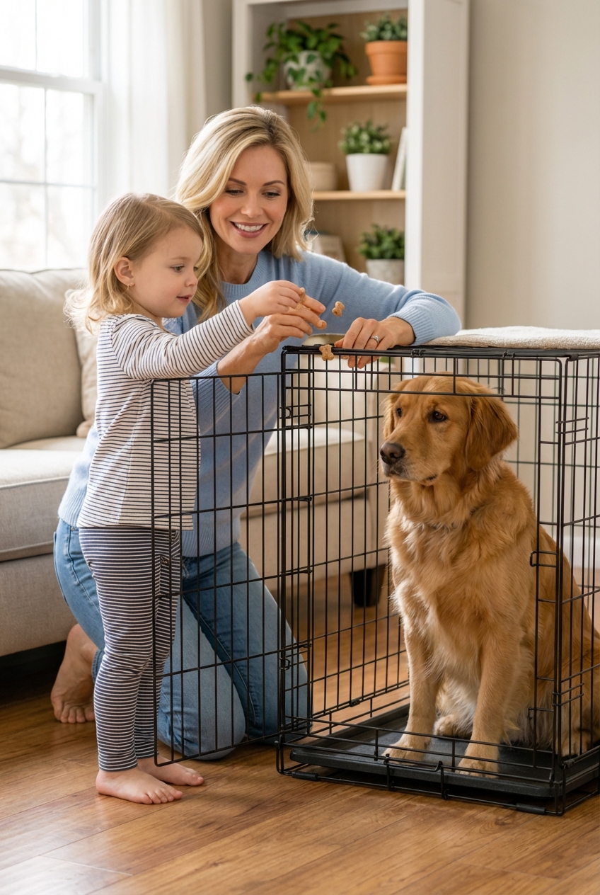 A parent helping a child toss treats into a dog crate while an adult dog watches calmly