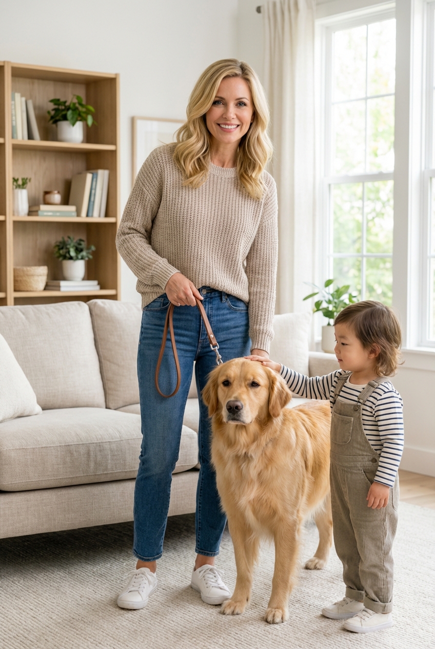 A parent standing between a dog and a child while guiding the dog on a leash in a living room