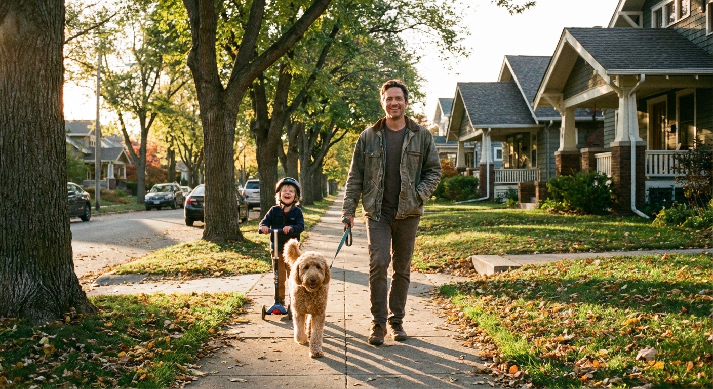 A parent walking a doodle on a leash down a quiet suburban sidewalk with a child riding a scooter nearby, golden hour lighting, candid photography