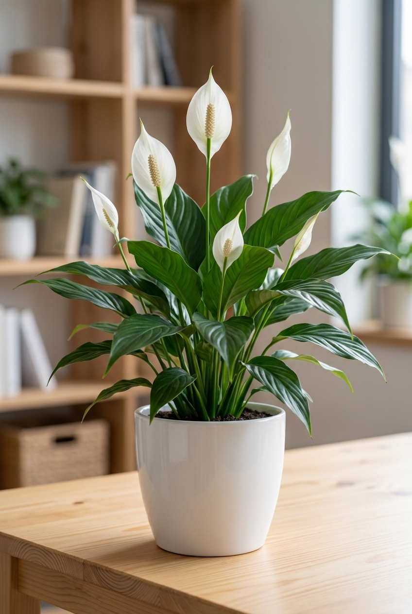 A peace lily in a white pot on an indoor table