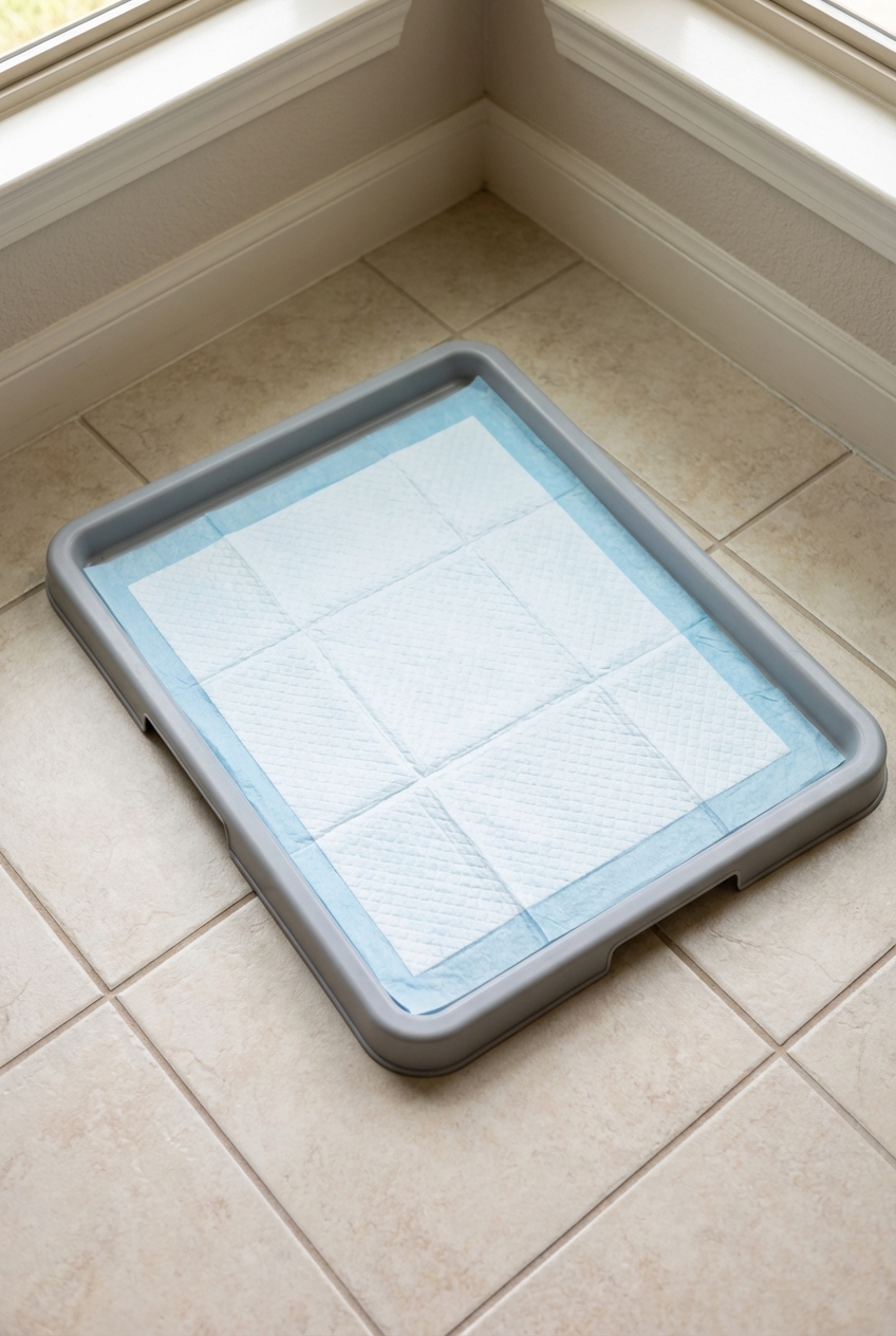 A pee pad secured inside a plastic tray on a tiled floor in a home