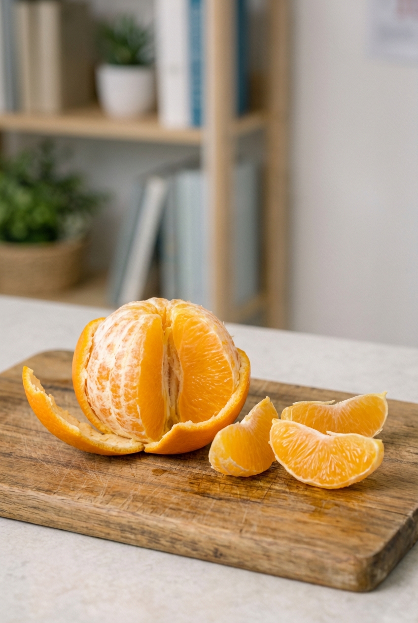 A peeled orange with a few separated segments on a wooden cutting board