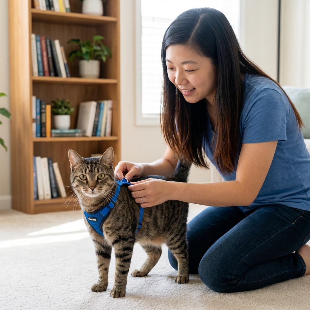 A person adjusting a properly fitted cat harness on a short-haired cat indoors