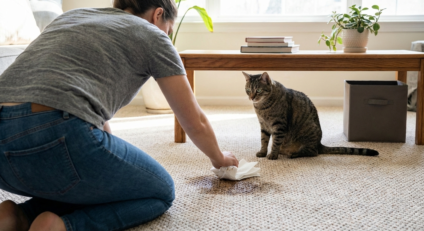 A person blotting a wet spot on carpet with paper towels near a cat