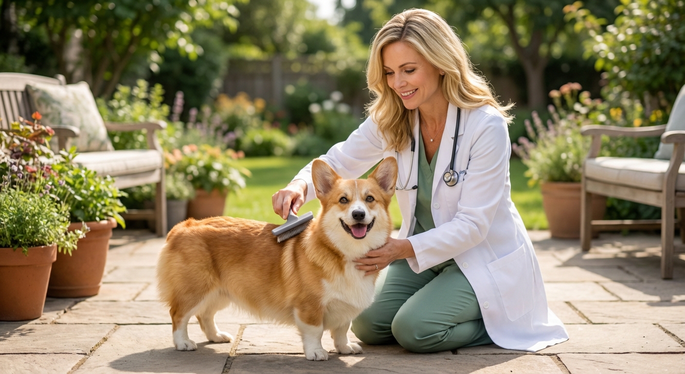 A person brushing a Corgi with a slicker brush on a patio outdoors