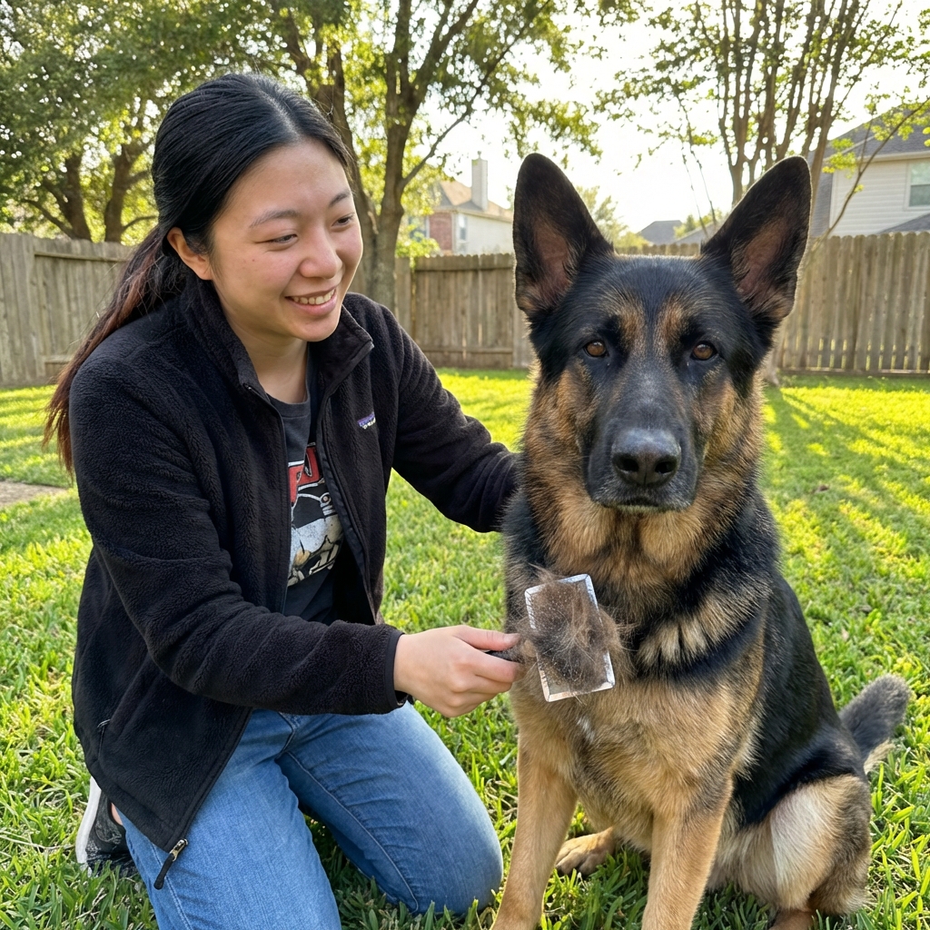 A person brushing a German Shepherd outdoors with loose fur visible on the brush
