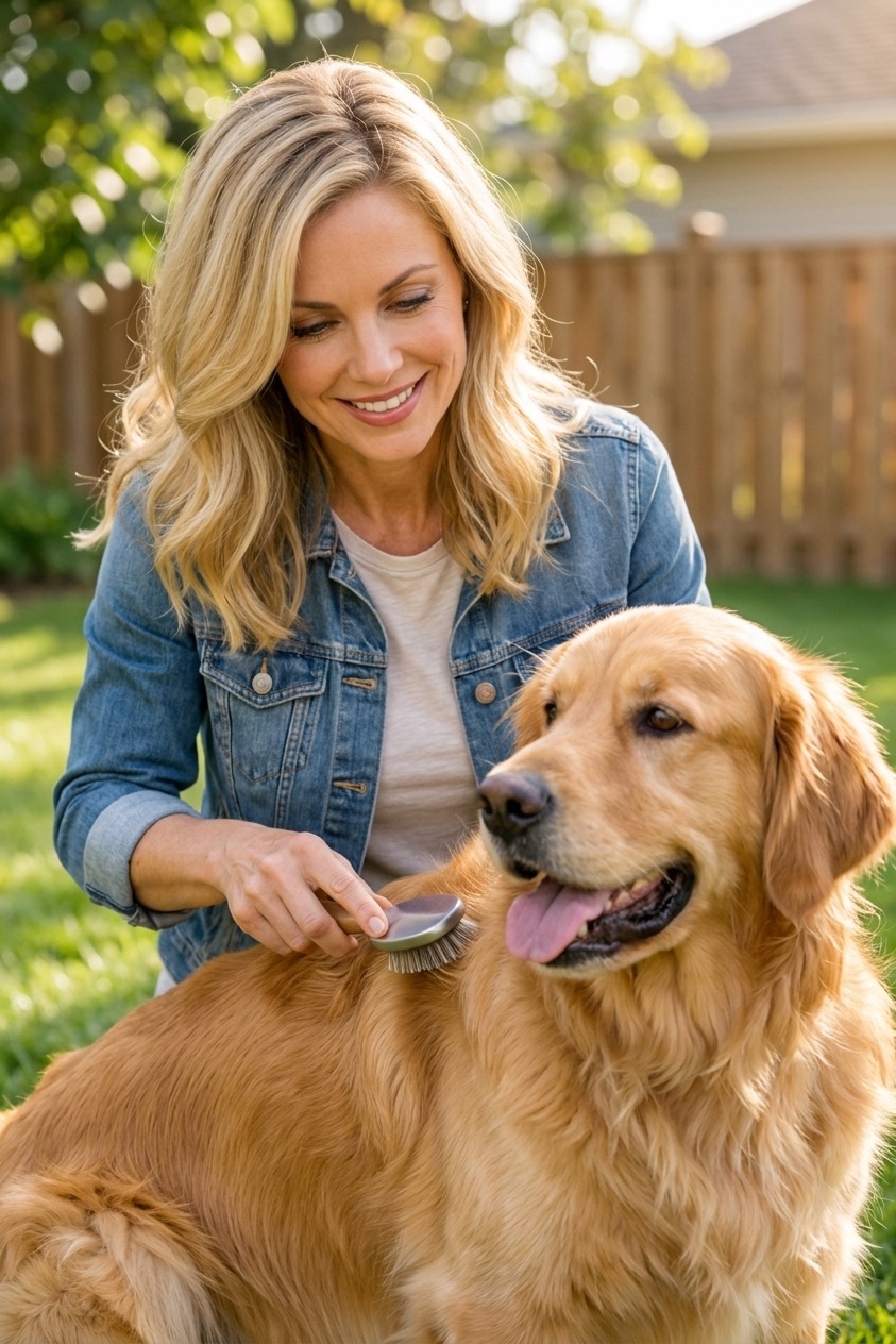 A person brushing a Golden Retriever's thick coat outdoors in soft daylight, close-up photo showing grooming