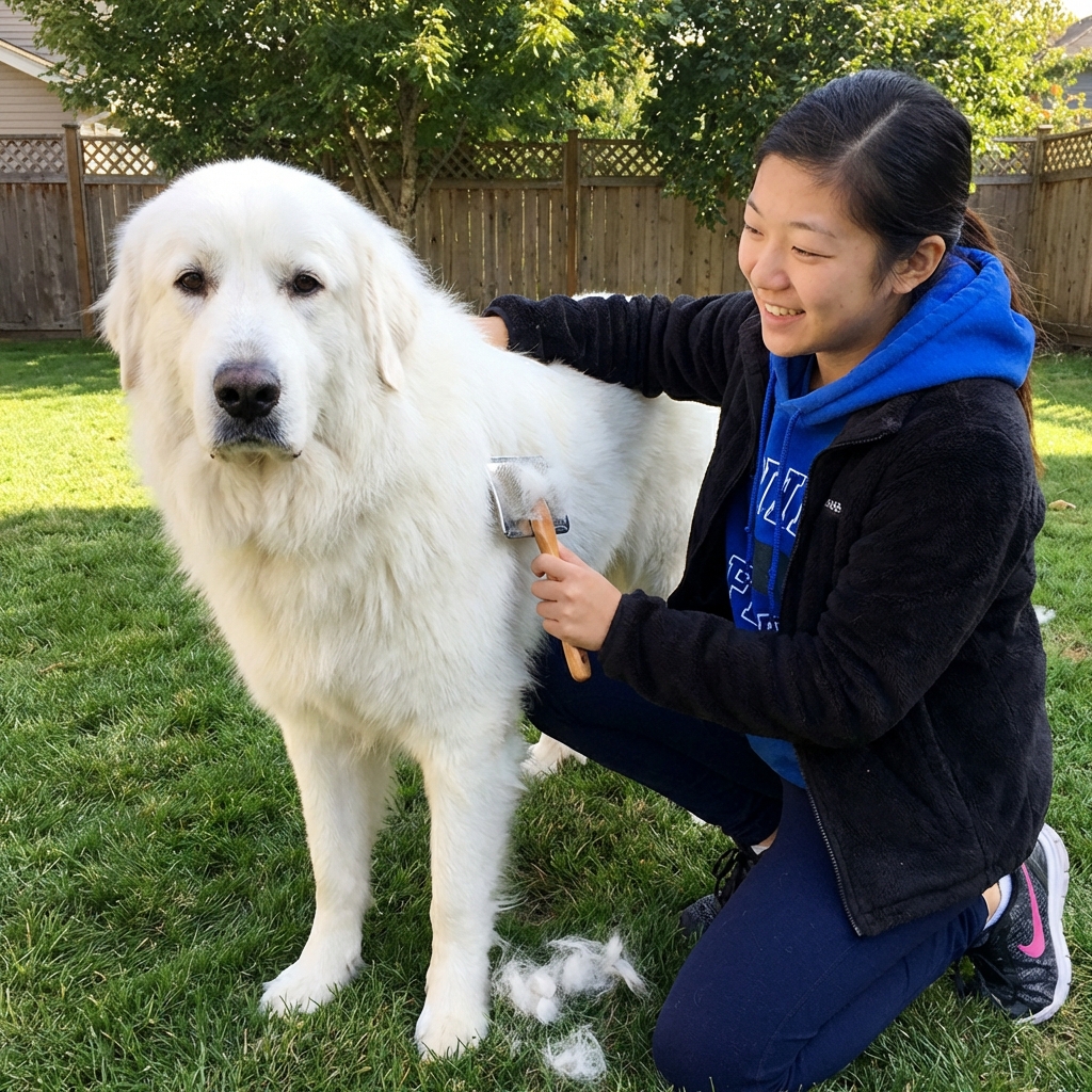 A person brushing a Great Pyrenees outdoors with a slicker brush while the dog stands calmly