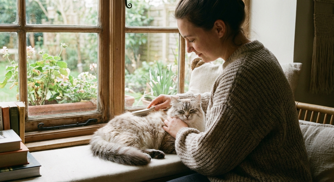 A person brushing a calm long-haired cat near a window with soft daylight