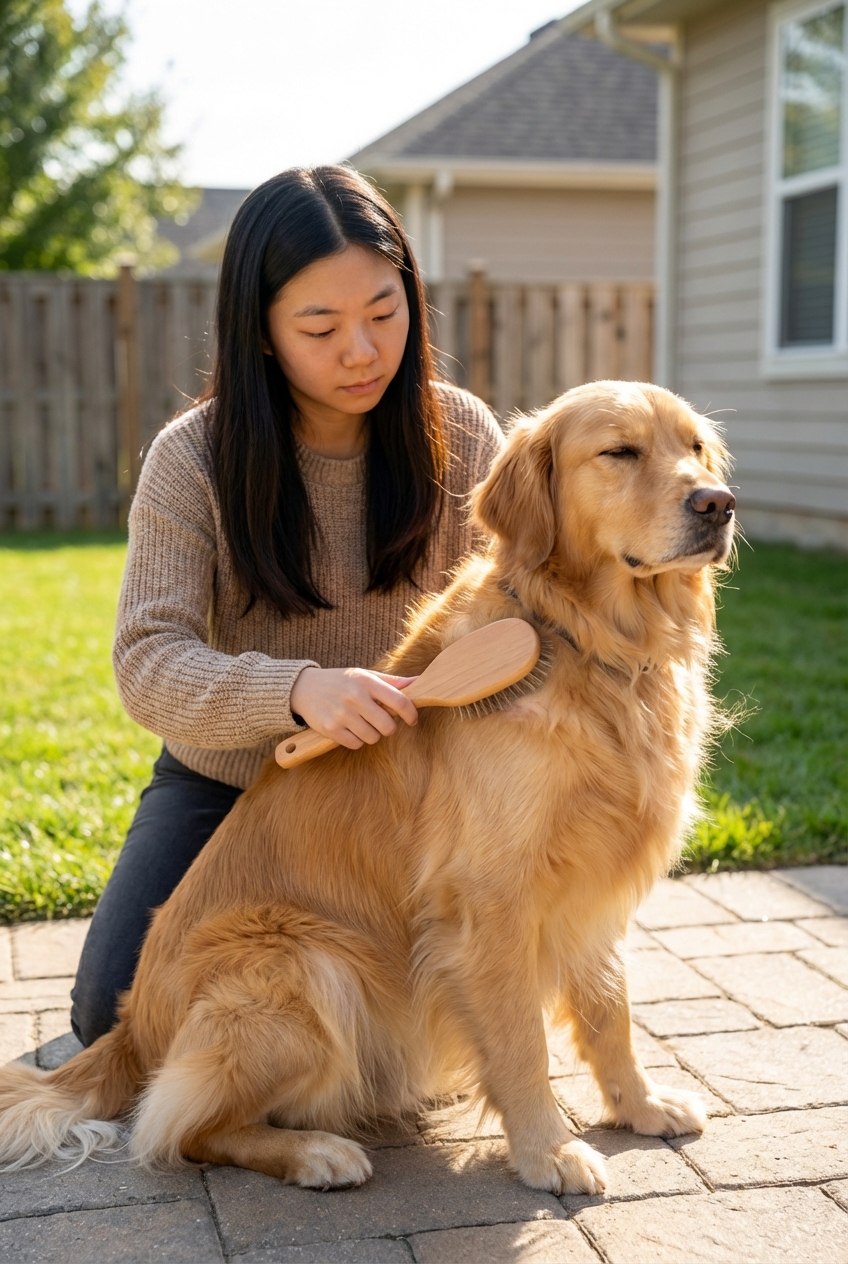 A person brushing a fluffy dog’s coat outdoors on a sunny day