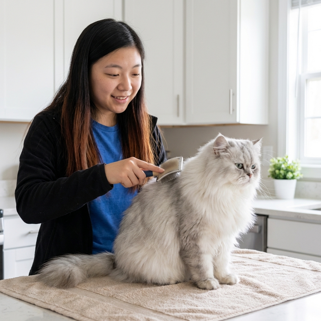 A person brushing a long-haired cat on a towel-covered counter before a bath