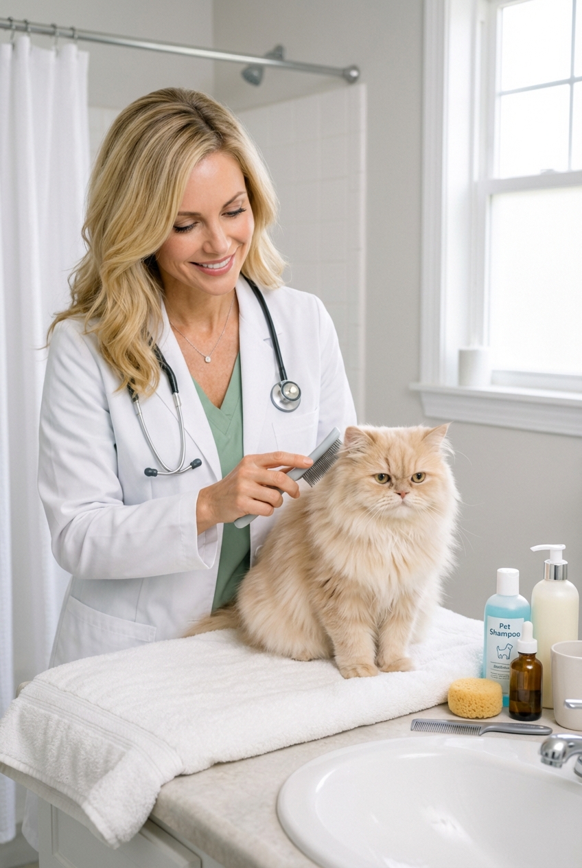 A person brushing a long-haired cat on a towel near a sink with bathing supplies set out