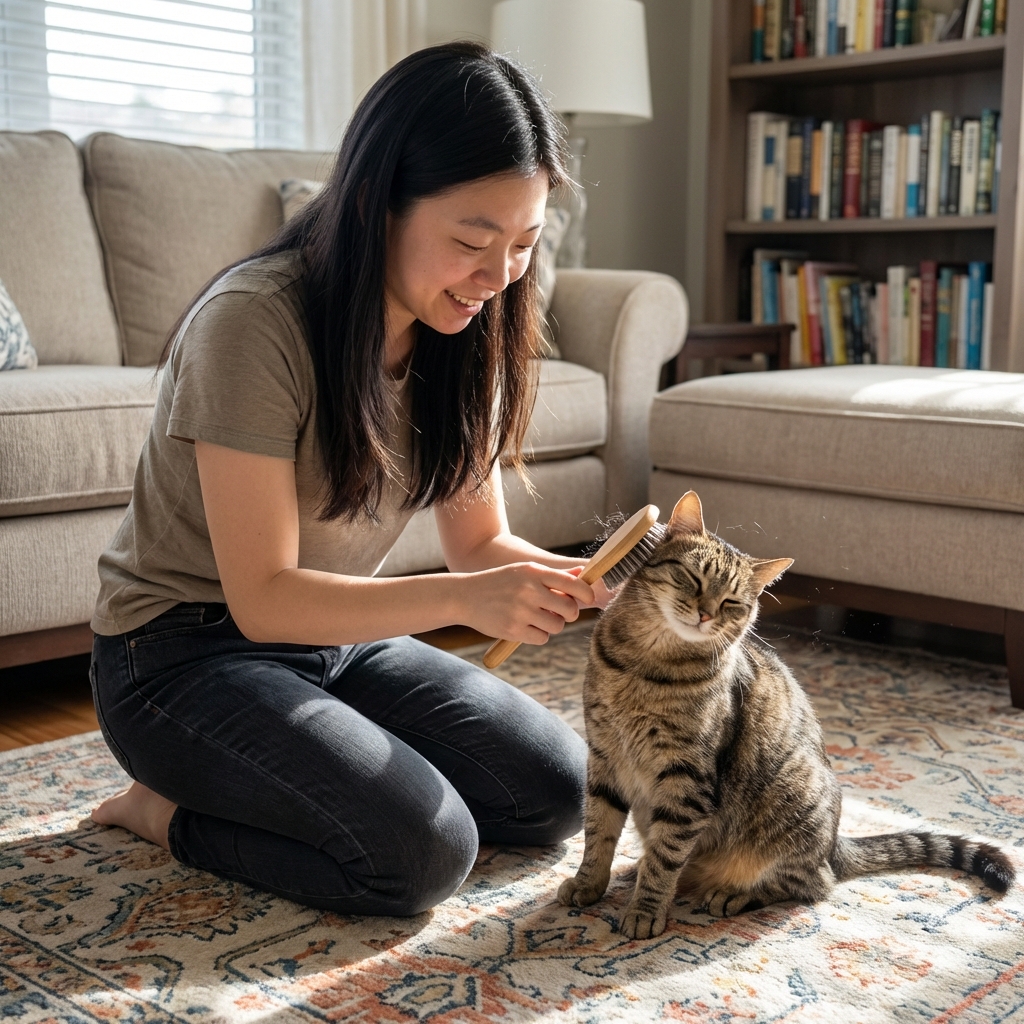 A person brushing a short-haired tabby cat on a living room rug