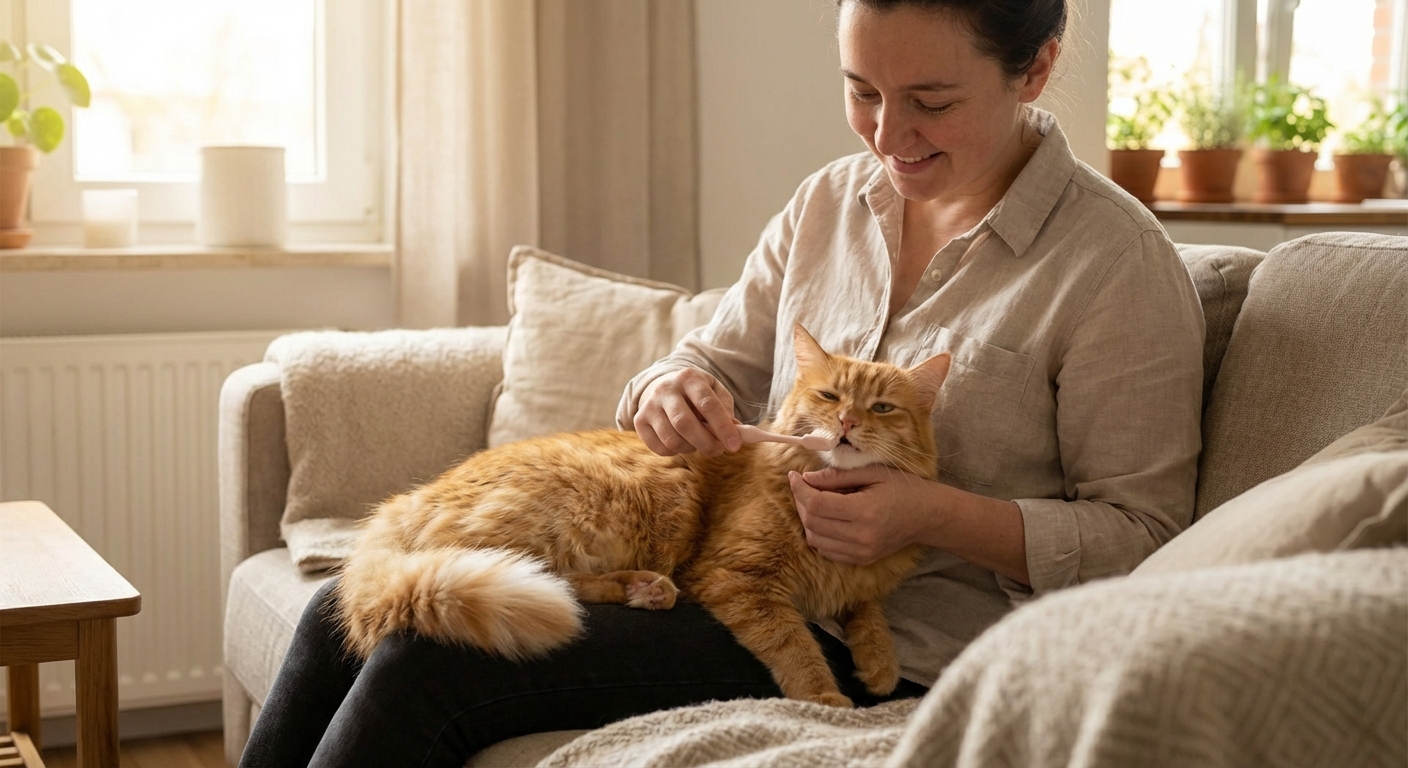 A person brushing the outer teeth of a relaxed cat while the cat sits on a lap