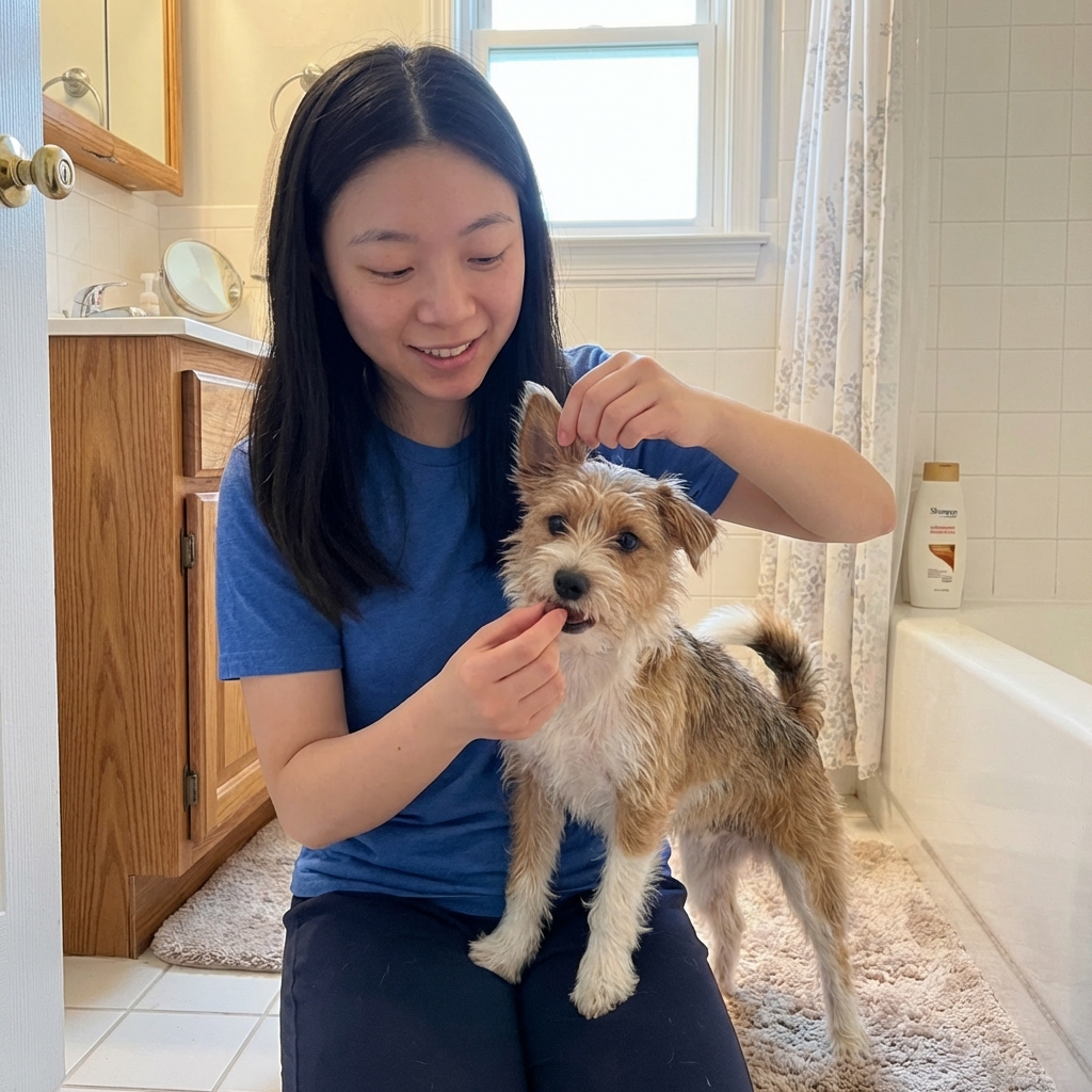A person calmly giving a small dog treats while gently holding the dog’s ear flap up in a home bathroom