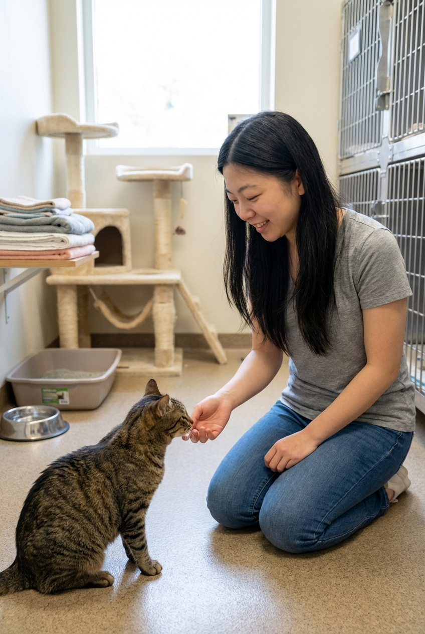 A person calmly meeting an adult cat in a shelter adoption room while the cat sniffs their hand
