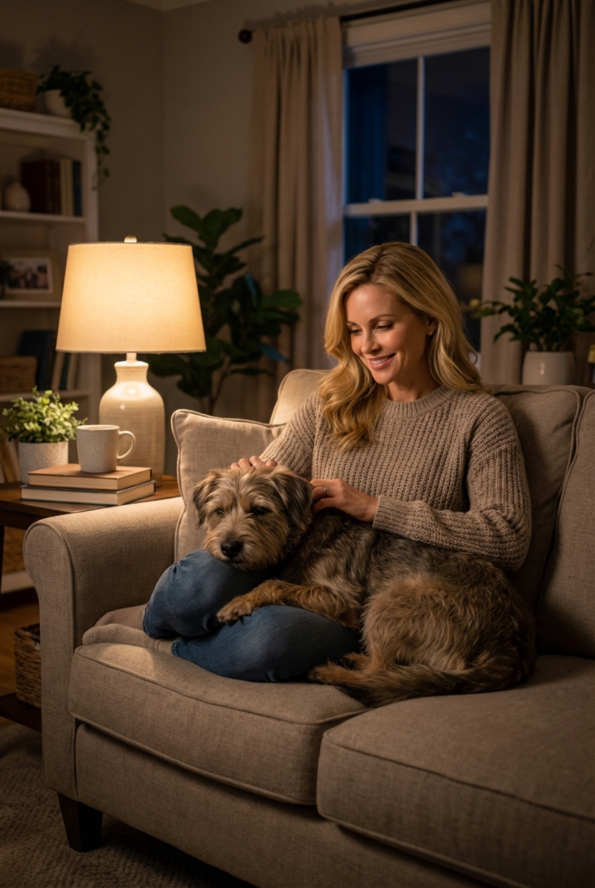 A person calmly petting a dog on a sofa in a dim living room at night