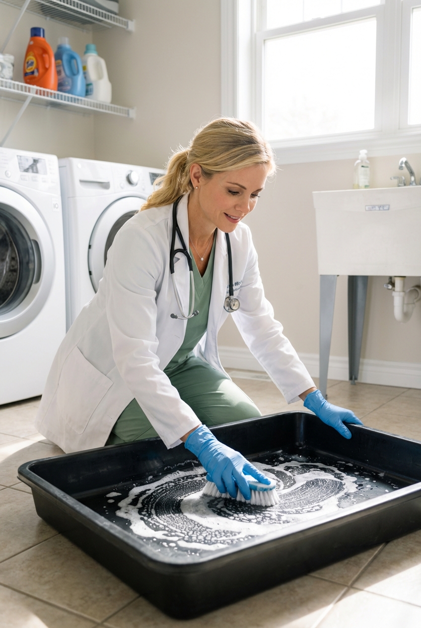 A person cleaning a dog crate tray with disposable gloves in a bright laundry room