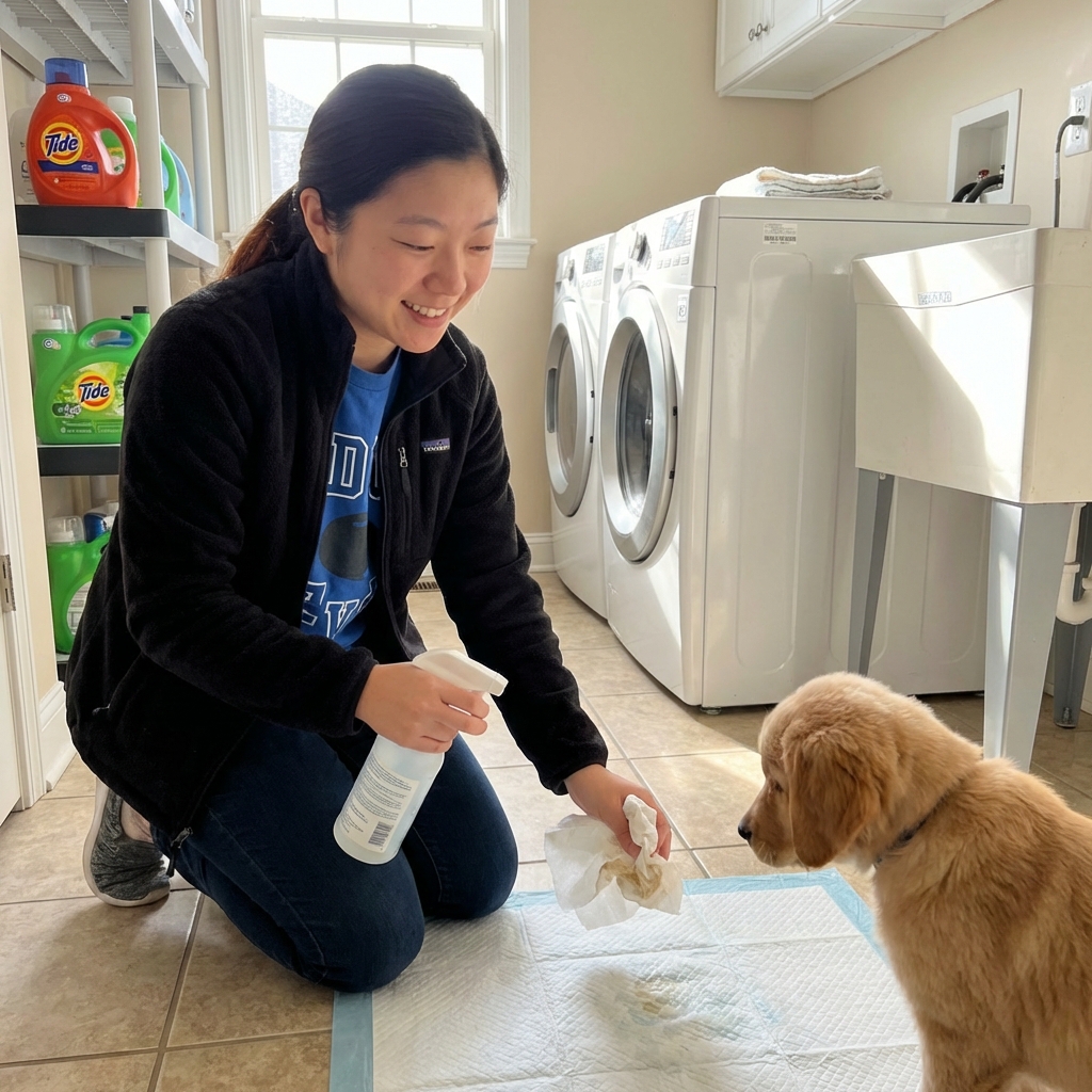 A person cleaning a puppy potty area with paper towels and a spray bottle in a bright laundry room