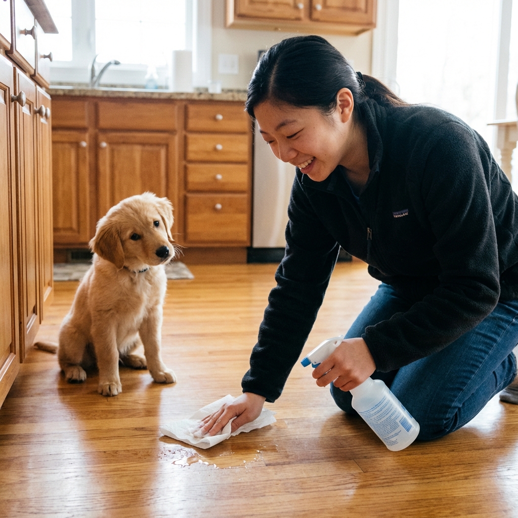 A person cleaning a small accident on a floor with a spray bottle and paper towels while a puppy watches