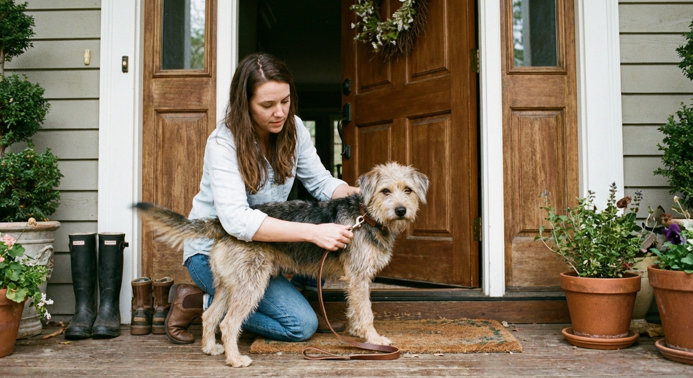 A person clipping a dog leash onto a collar at the front door