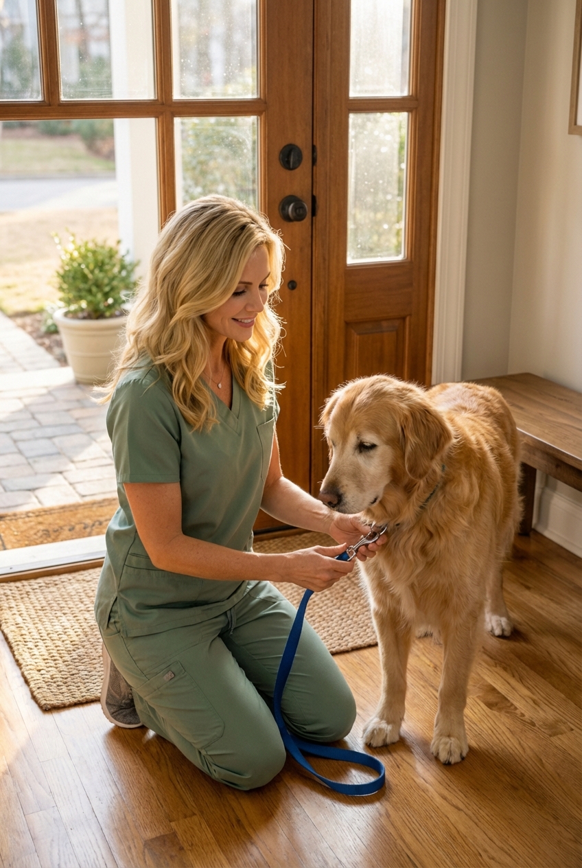 A person clipping a leash onto a calm dog standing near a front door