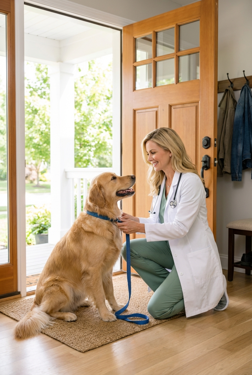 A person clipping a leash onto a dog at the front door just before going outside