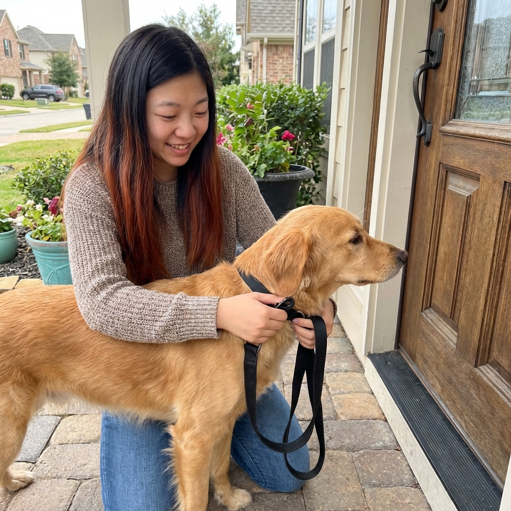 A person clipping a leash onto a dog’s collar near a front door for a potty break