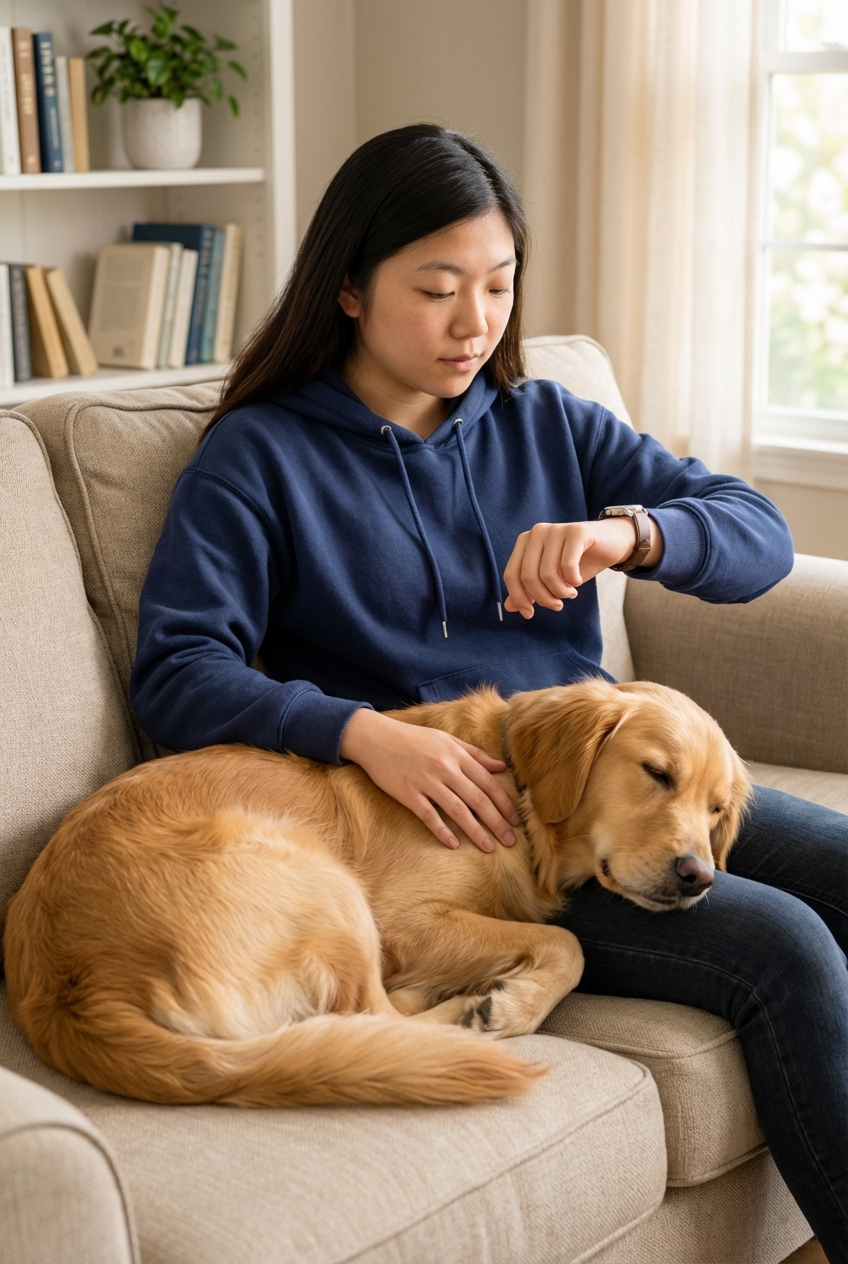 A person counting a dog’s breathing while the dog sleeps on a couch
