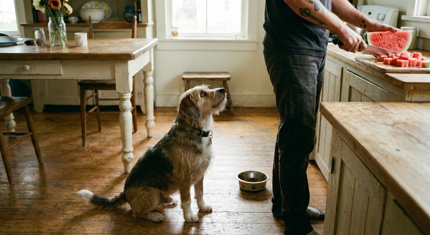A person cutting fresh watermelon into small cubes on a cutting board while a small dog watches from the floor