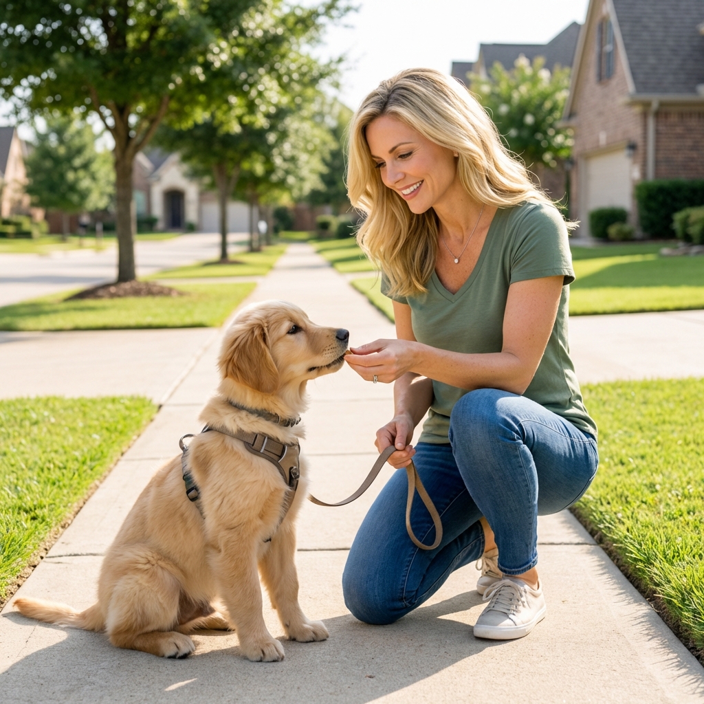 A person doing simple leash training with a dog on a neighborhood sidewalk
