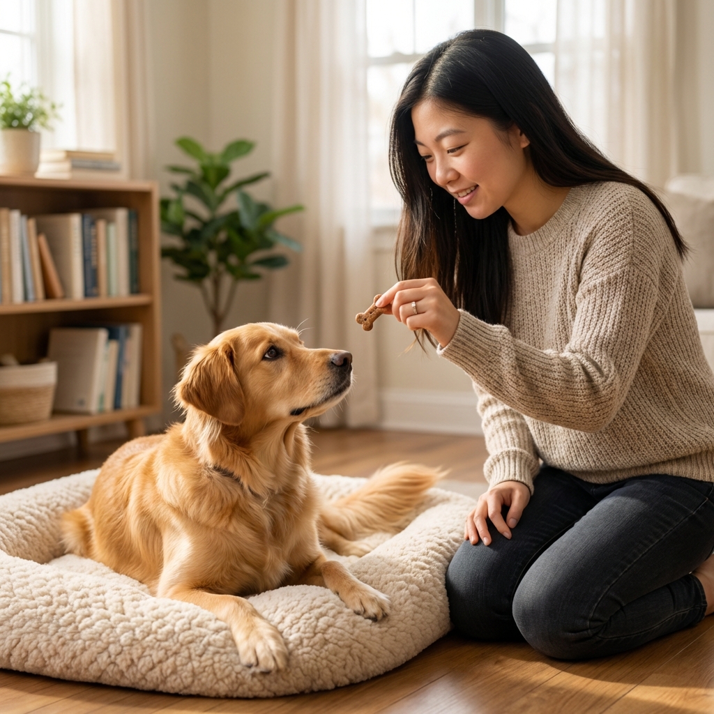 A person dropping a small treat onto a dog bed while a dog lies down calmly