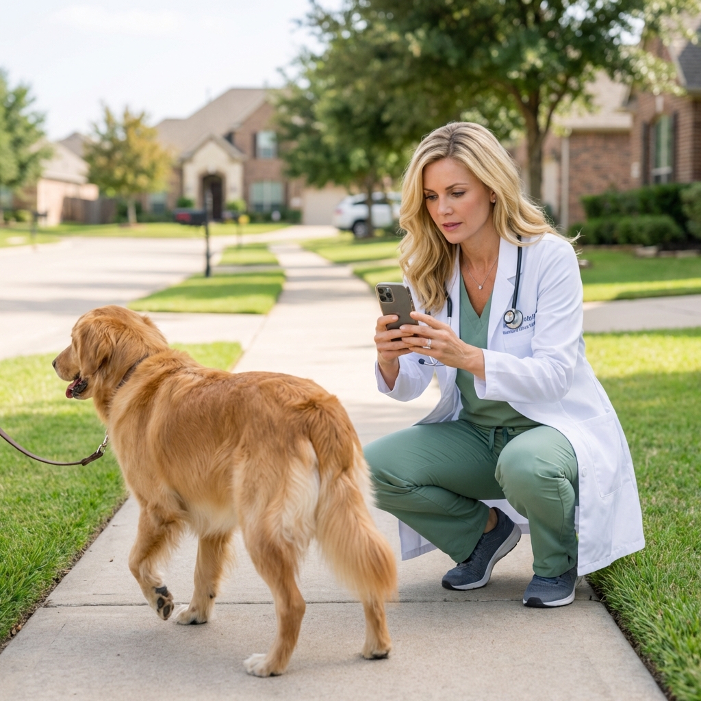 A person filming a dog walking on a sidewalk to capture gait changes