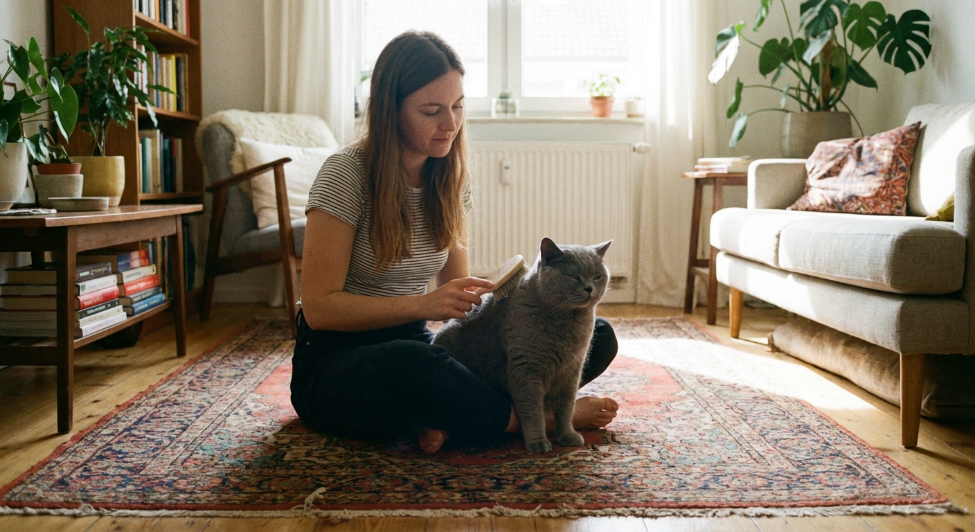 A person gently brushing a British Shorthair cat on a rug in a quiet home setting