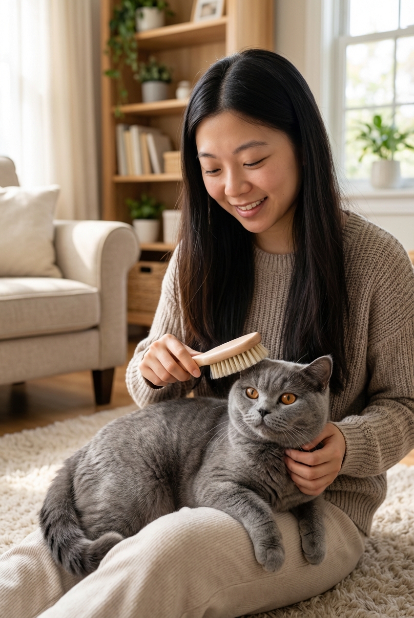 A person gently brushing a British Shorthair cat with a soft grooming brush indoors