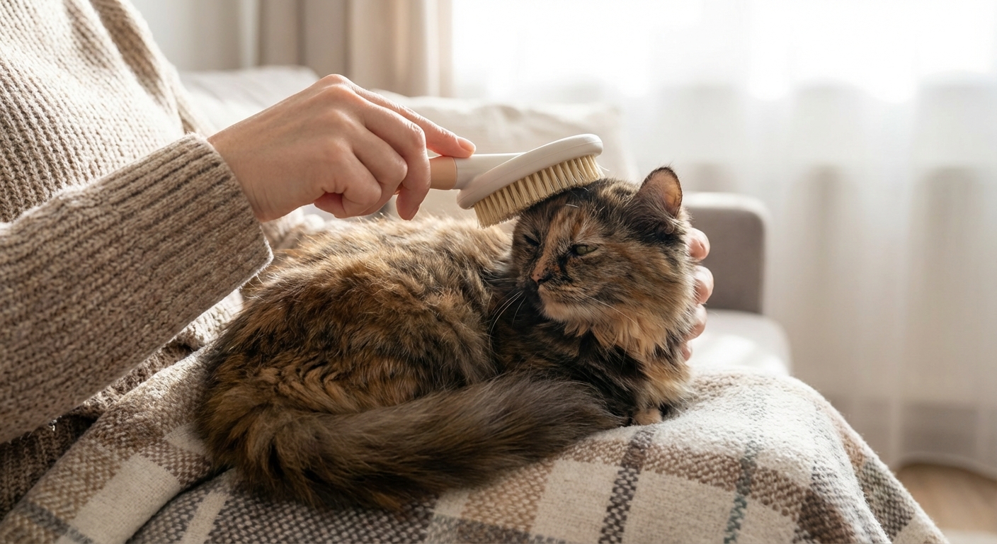 A person gently brushing a Kinkalow cat with a soft grooming brush while the cat relaxes on a lap