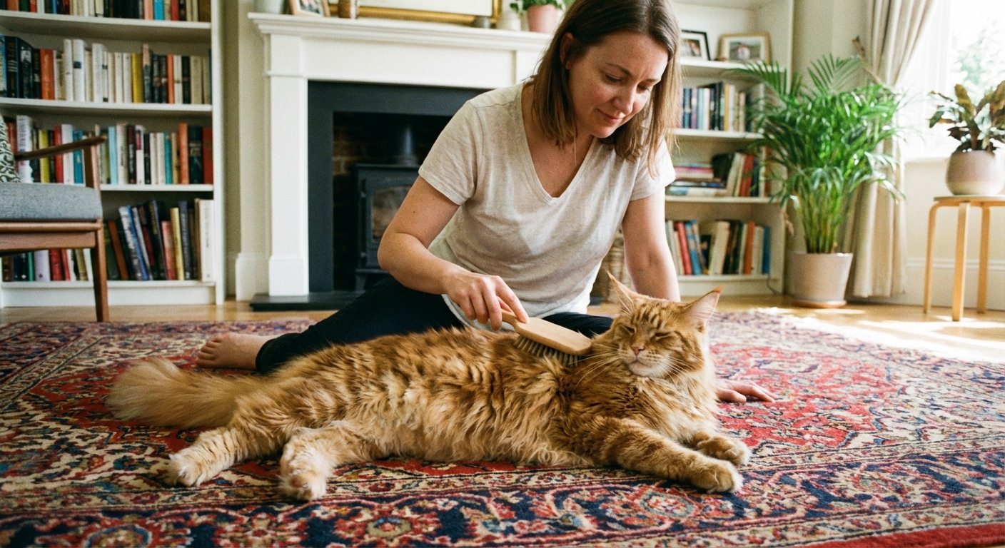 A person gently brushing a Maine Coon cat on a living room rug
