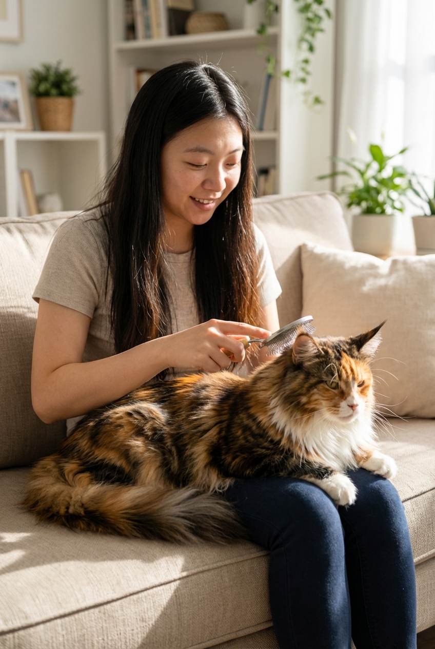A person gently brushing a Maine Coon cat on a sofa during daytime