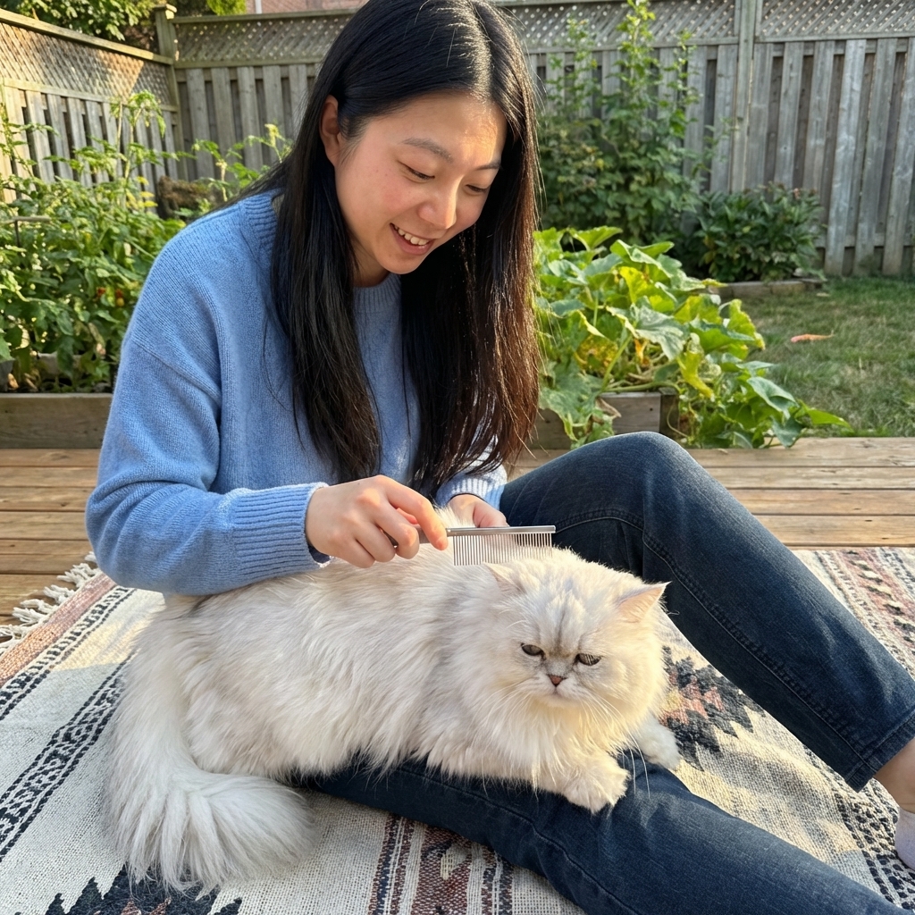 A person gently brushing a Persian cat with a metal comb on a blanket